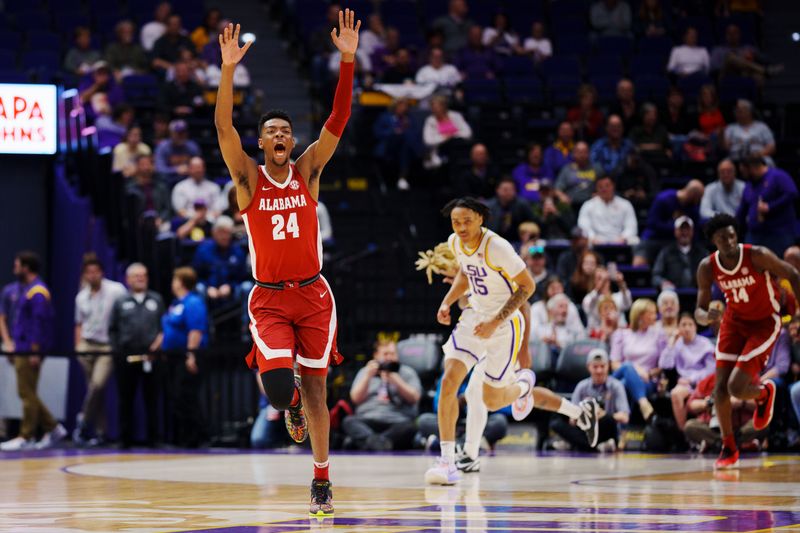 Feb 4, 2023; Baton Rouge, Louisiana, USA; Alabama Crimson Tide forward Brandon Miller (24) reacts to a play against the LSU Tigers during the first half at Pete Maravich Assembly Center. Mandatory Credit: Andrew Wevers-USA TODAY Sports