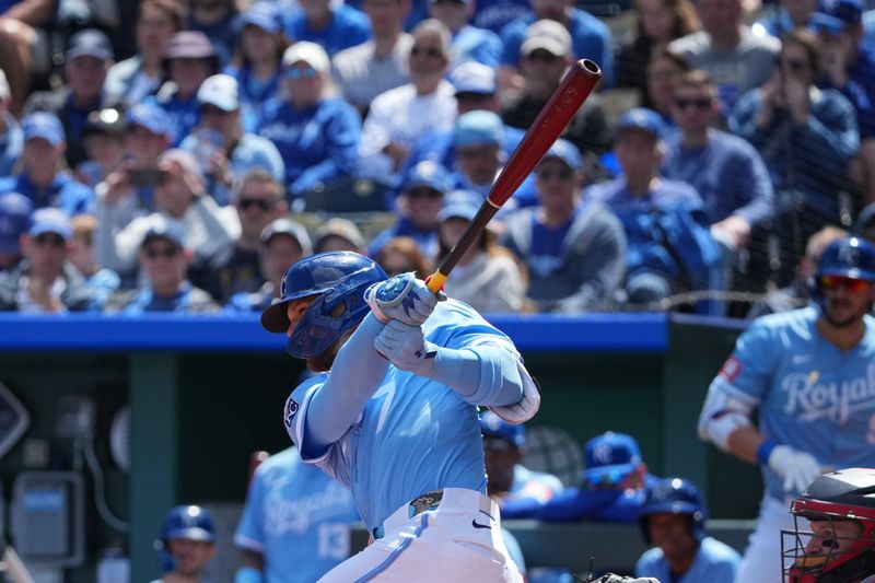 Apr 10, 2025; Kansas City, Missouri, USA; Kansas City Royals shortstop Bobby Witt Jr. (7) connects for a single against the Minnesota Twins  at Kauffman Stadium. Mandatory Credit: Denny Medley-Imagn Images