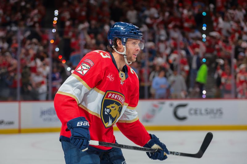 May 9, 2025; Sunrise, Florida, USA; Florida Panthers center Carter Verhaeghe (23) celebrates after scoring against the Toronto Maple Leafs during the second period in game three of the second round of the 2025 Stanley Cup Playoffs at Amerant Bank Arena. Mandatory Credit: Sam Navarro-Imagn Images