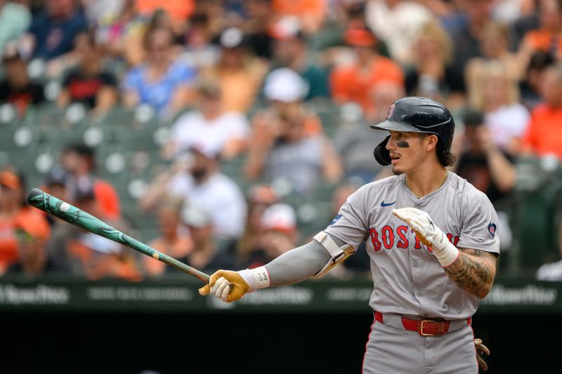 Aug 18, 2024; Baltimore, Maryland, USA; Boston Red Sox outfielder Jarren Duran (16) at the plate during the first inning against the Baltimore Orioles at Oriole Park at Camden Yards. Mandatory Credit: Reggie Hildred-USA TODAY Sports