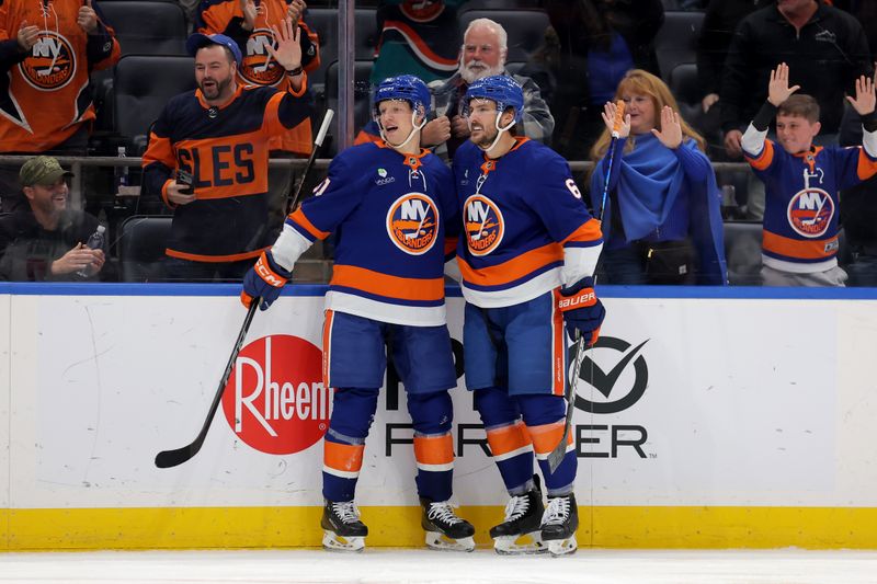 Nov 7, 2025; Elmont, New York, USA; New York Islanders left wing Emil Heineman (51) celebrates his goal against the Minnesota Wild with defenseman Ryan Pulock (6) during the second period at UBS Arena. Mandatory Credit: Brad Penner-Imagn Images