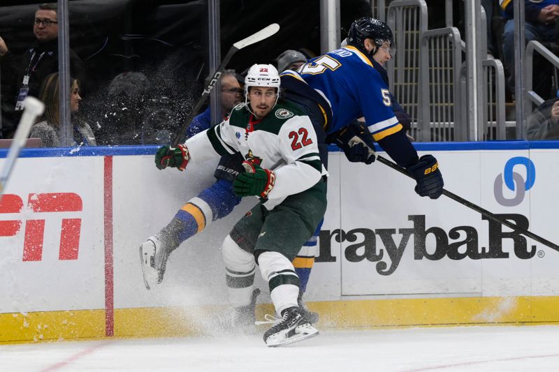 Oct 15, 2024; St. Louis, Missouri, USA; Minnesota Wild center Marat Khusnutdinov (22) finishes his check on St. Louis Blues defenseman Colton Parayko (55) during the first period at Enterprise Center. Mandatory Credit: Jeff Le-Imagn Images