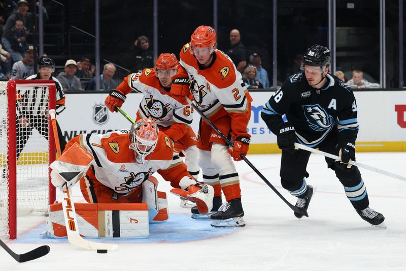 Mar 20, 2026; Salt Lake City, Utah, USA; Anaheim Ducks goaltender Lukas Dostal (1) protects the net against the Utah Mammoth during the second period at Delta Center. Mandatory Credit: Rob Gray-Imagn Images