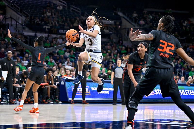 Jan 14, 2024; South Bend, Indiana, USA; Notre Dame Fighting Irish guard Hannah Hidalgo (3) goes up for a shot in the first half against the Miami Hurricanes at the Purcell Pavilion. Mandatory Credit: Matt Cashore-USA TODAY Sports