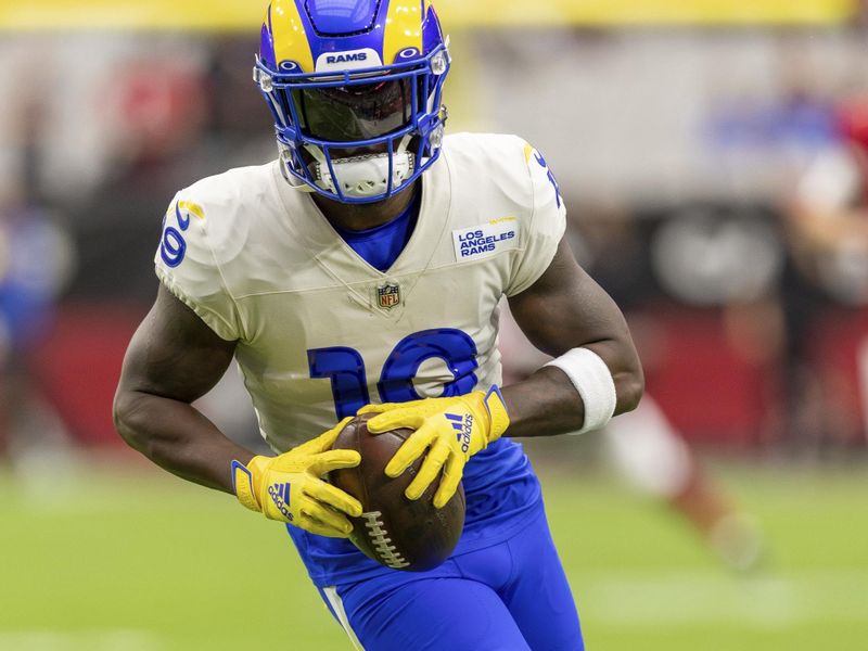 Wide receiver (19) Brandon Powell of the Los Angeles Rams warms up before playing against the Arizona Cardinals in an NFL football game, Sunday, Sept. 25, 2022, in Glendale, AZ. Rams won 20-12. (AP Photo/Jeff Lewis)