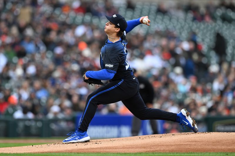 May 23, 2025; Detroit, Michigan, USA; Detroit Tigers starting pitcher Jackson Jobe (21) throws a pitch against the Cleveland Guardians in the first inning at Comerica Park. Mandatory Credit: Lon Horwedel-Imagn Images