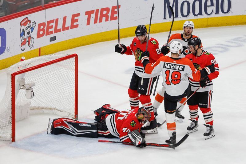 Feb 21, 2024; Chicago, Illinois, USA; Philadelphia Flyers right wing Garnet Hathaway (19) celebrates after scoring against the Chicago Blackhawks during the second period at United Center. Mandatory Credit: Kamil Krzaczynski-USA TODAY Sports