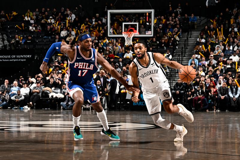 BROOKLYN, NY - MARCH 5: Mikal Bridges #1 of the Brooklyn Nets dribbles the ball during the game against the Philadelphia 76ers on March 5, 2024 at Barclays Center in Brooklyn, New York. NOTE TO USER: User expressly acknowledges and agrees that, by downloading and or using this Photograph, user is consenting to the terms and conditions of the Getty Images License Agreement. Mandatory Copyright Notice: Copyright 2024 NBAE (Photo by David Dow/NBAE via Getty Images)