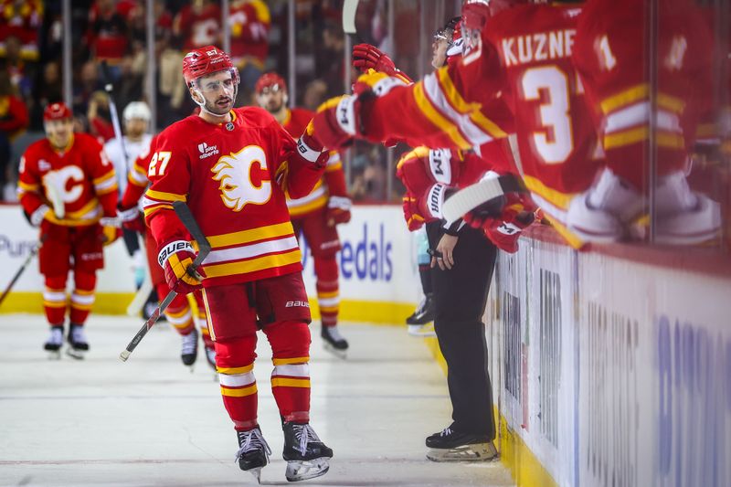 Dec 18, 2025; Calgary, Alberta, CAN; Calgary Flames right wing Matt Coronato (27) celebrates his goal with teammates against the Seattle Kraken during the third period at Scotiabank Saddledome. Mandatory Credit: Sergei Belski-Imagn Images