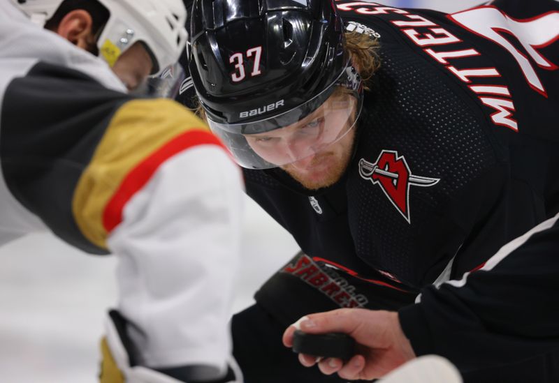 Mar 2, 2024; Buffalo, New York, USA;  Buffalo Sabres center Casey Mittelstadt (37) waits for the face-off during the second period against the Vegas Golden Knights at KeyBank Center. Mandatory Credit: Timothy T. Ludwig-USA TODAY Sports