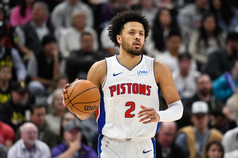 SALT LAKE CITY, UTAH - JANUARY 03: Cade Cunningham #2 of the Detroit Pistons in action during the second half of a game against the Utah Jazz at Delta Center on January 03, 2024 in Salt Lake City, Utah. NOTE TO USER: User expressly acknowledges and agrees that, by downloading and or using this photograph, User is consenting to the terms and conditions of the Getty Images License Agreement. (Photo by Alex Goodlett/Getty Images)