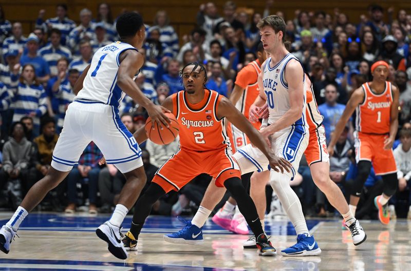 Jan 2, 2024; Durham, North Carolina, USA;  Duke Blue Devils guard Caleb Foster (1) controls the ball in front of Syracuse Orange guard JJ Starling (2) during the first half at Cameron Indoor Stadium. Mandatory Credit: Rob Kinnan-USA TODAY Sports