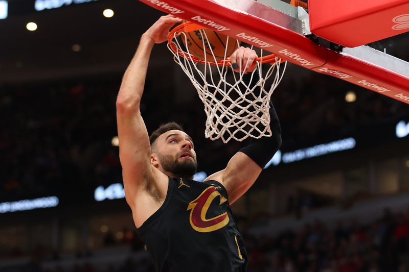 CHICAGO, ILLINOIS - DECEMBER 23: Max Strus #1 of the Cleveland Cavaliers dunks against the Chicago Bulls during the first half at the United Center on December 23, 2023 in Chicago, Illinois. NOTE TO USER: User expressly acknowledges and agrees that, by downloading and or using this photograph, User is consenting to the terms and conditions of the Getty Images License Agreement.  (Photo by Michael Reaves/Getty Images)