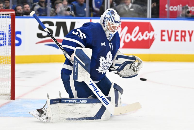 Feb 7, 2024; Toronto, Ontario, CAN; Toronto Maple Leafs goalie Ilya Samsonov (35) makes a save against the Dallas Stars in the second period at Scotiabank Arena. Mandatory Credit: Dan Hamilton-USA TODAY Sports