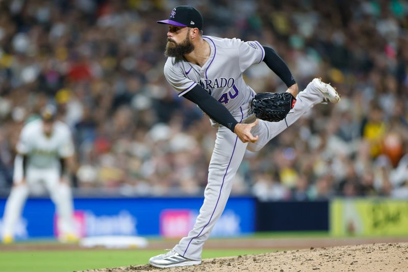 Apr 12, 2025; San Diego, California, USA; Colorado Rockies relief pitcher Tyler Kinley (40) throws a pitch during the eighth inning against the San Diego Padres at Petco Park. Mandatory Credit: David Frerker-Imagn Images