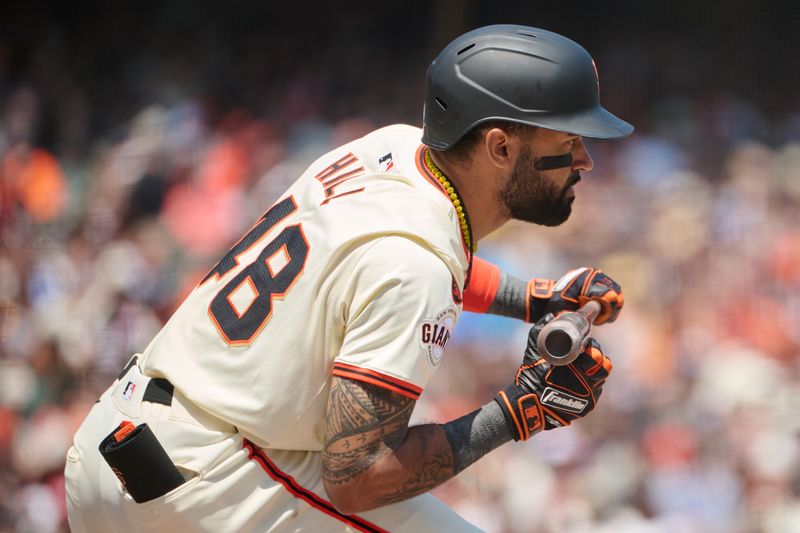 Jul 28, 2024; San Francisco, California, USA; San Francisco Giants outfielder Derek Hill (48) shows bunt during an at bat against the Colorado Rockies during the fourth inning at Oracle Park. Mandatory Credit: Robert Edwards-USA TODAY Sports