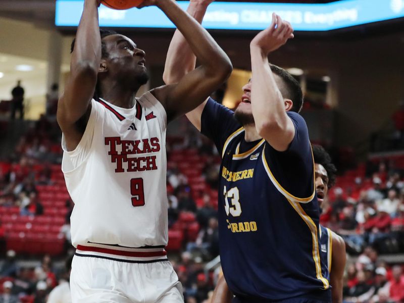 Dec 16, 2025; Lubbock, Texas, USA;  Texas Tech Red Raiders Luke Bamgboye (9) shoots over Northern Colorado Bears center Egan Shields (33) in the first half at United Supermarkets Arena. Mandatory Credit: Michael C. Johnson-Imagn Images