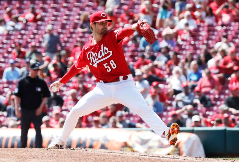 Apr 19, 2023; Cincinnati, Ohio, USA; Cincinnati Reds starting pitcher Levi Stoudt (58) throws the ball against the Tampa Bay Rays during the first inning at Great American Ball Park. Mandatory Credit: David Kohl-USA TODAY Sports