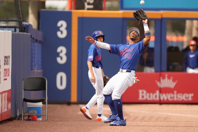 Mar 1, 2026; Port St. Lucie, Florida, USA;  New York Mets outfielder Chris Suero (96) catches a foul ball for an out to end the Asro’s threat in the sixth inninh,at Clover Park. Mandatory Credit: Jim Rassol-Imagn Images