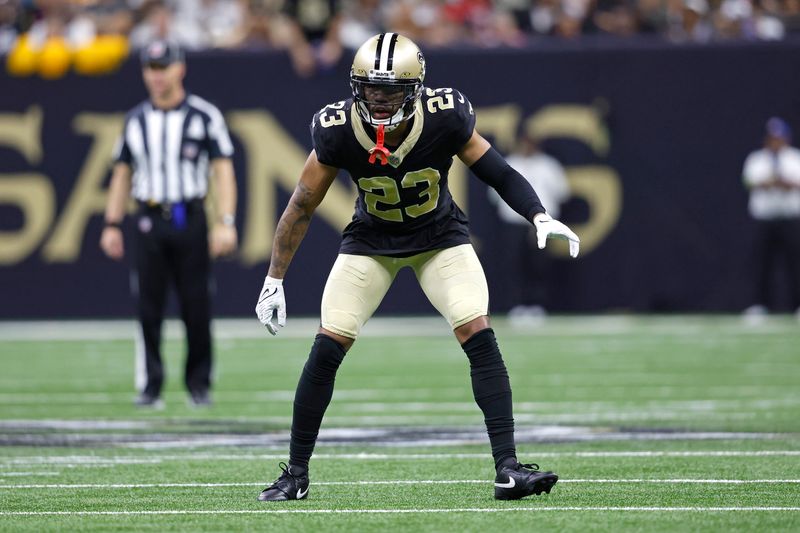 New Orleans Saints cornerback Marshon Lattimore (23) during an NFL football game against the Tampa Bay Buccaneers, Sunday, Oct. 1, 2023, in New Orleans. (AP Photo/Tyler Kaufman)