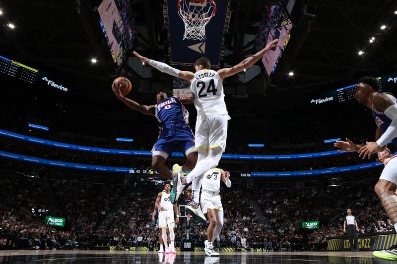 SALT LAKE CITY, UT - FEBRUARY 1: Tyrese Maxey #0 of the Philadelphia 76ers drives to the basket during the game against the Utah Jazz on February 1, 2024 at Delta Center in Salt Lake City, Utah. NOTE TO USER: User expressly acknowledges and agrees that, by downloading and or using this Photograph, User is consenting to the terms and conditions of the Getty Images License Agreement. Mandatory Copyright Notice: Copyright 2024 NBAE (Photo by Melissa Majchrzak/NBAE via Getty Images)