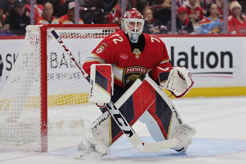 Oct 22, 2024; Sunrise, Florida, USA; Florida Panthers goaltender Sergei Bobrovsky (72) defends his net against the Minnesota Wild during the first period at Amerant Bank Arena. Mandatory Credit: Sam Navarro-Imagn Images