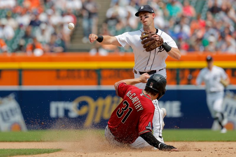 Jun 10, 2023; Detroit, Michigan, USA;  Detroit Tigers second baseman Zack Short (59) turns a double play as Arizona Diamondbacks right fielder Jake McCarthy (31) slides into second in the seventh inning at Comerica Park. Mandatory Credit: Rick Osentoski-USA TODAY Sports