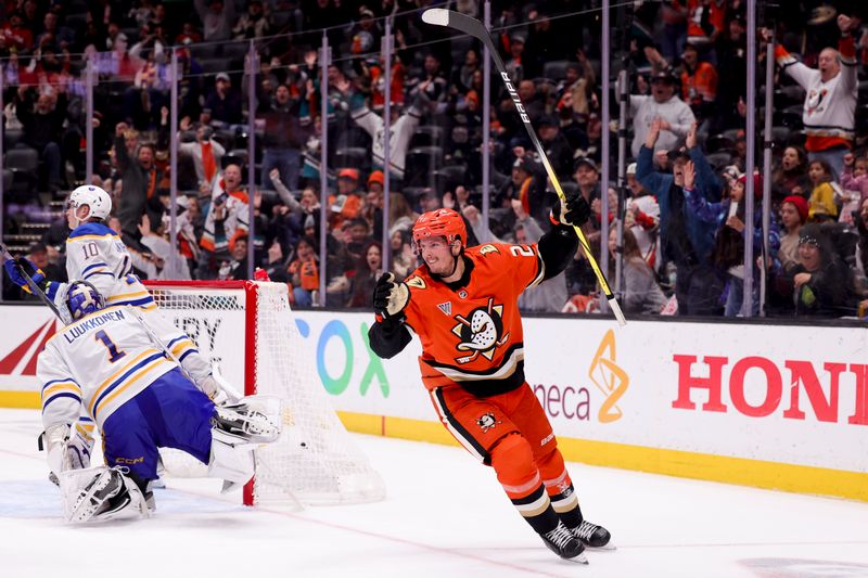 Nov 22, 2024; Anaheim, California, USA; Anaheim Ducks center Isac Lundestrom (21) celebrates scoring during the second period at Honda Center against the Buffalo Sabres. Mandatory Credit: Ryan Sun-Imagn Images