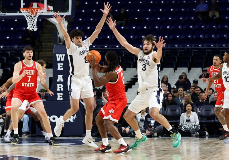 Mar 4, 2026; University Park, Pennsylvania, USA; Penn State Nittany Lions forward Ivan Juric (3) and guard Melih Tunca (9) defend as Ohio State Buckeyes guard Bruce Thornton (2) holds the ball during the first half at Bryce Jordan Center. Mandatory Credit: Matthew O'Haren-Imagn Images