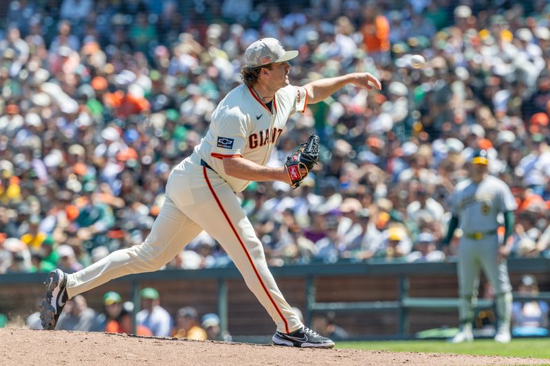May 18, 2025; San Francisco, California, USA; San Francisco Giants pitcher Erik Miller (68) throws a pitch during the seventh inning against the Oakland Athletics at Oracle Park. Mandatory Credit: Bob Kupbens-Imagn Images