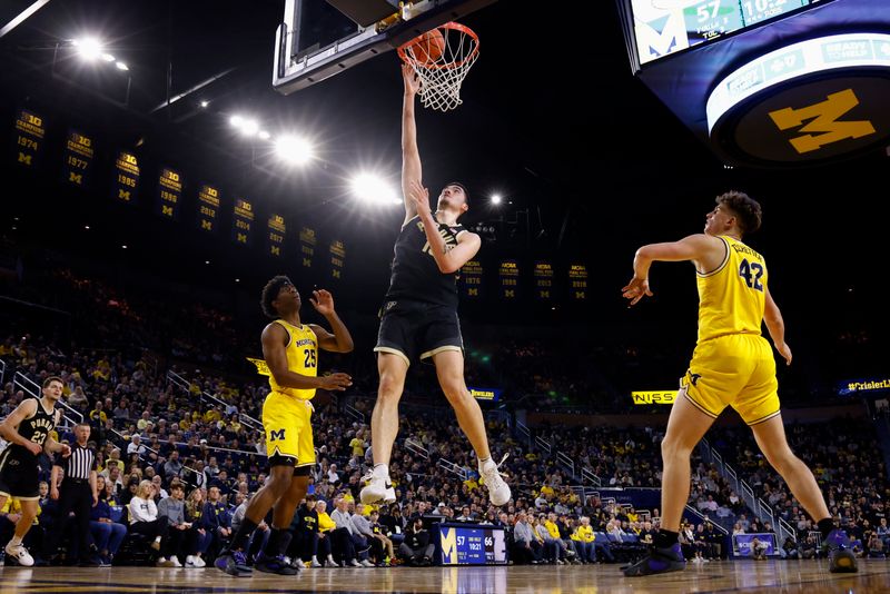 Feb 25, 2024; Ann Arbor, Michigan, USA;  Purdue Boilermakers center Zach Edey (15) shoots in the second half against the Michigan Wolverines at Crisler Center. Mandatory Credit: Rick Osentoski-USA TODAY Sports