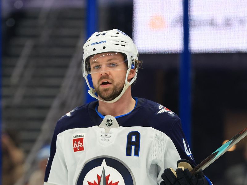 Jan 29, 2026; Tampa, Florida, USA; Winnipeg Jets defenseman Josh Morrissey (44) looks on against the Tampa Bay Lightning during the first period at Benchmark International Arena. Mandatory Credit: Kim Klement Neitzel-Imagn Images