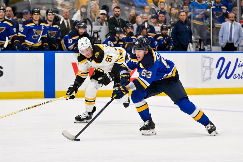 Nov 12, 2024; St. Louis, Missouri, USA;  St. Louis Blues left wing Jake Neighbours (63) controls the puck as Boston Bruins defenseman Nikita Zadorov (91) defends during the second period at Enterprise Center. Mandatory Credit: Jeff Curry-Imagn Images