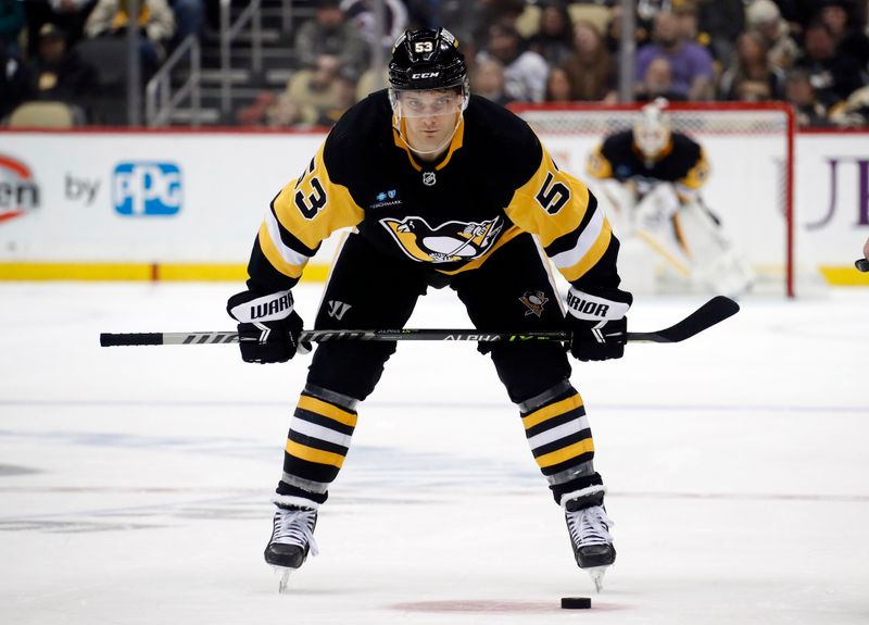 Jan 13, 2023; Pittsburgh, Pennsylvania, USA;  Pittsburgh Penguins center Teddy Blueger (53) waits to take a face-off against the Winnipeg Jets during the third period at PPG Paints Arena. The Jets won 4-1. Mandatory Credit: Charles LeClaire-USA TODAY Sports