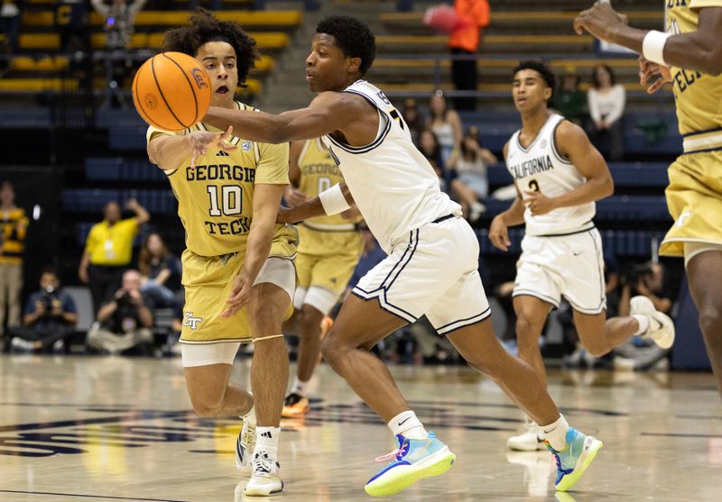 Feb 4, 2026; Berkeley, California, USA; Georgia Tech Yellow Jackets guard Davi Remagen (10) passes around California Golden Bears guard Dai Dai Ames (7) during the first half at Haas Pavilion. Mandatory Credit: D. Ross Cameron-Imagn Images