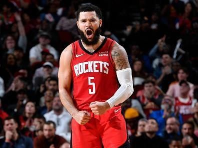 HOUSTON, TX - DECEMBER 20:   Fred VanVleet #5 of the Houston Rockets reacts during the game against the Atlanta Hawks on December 20, 2023 at the Toyota Center in Houston, Texas. NOTE TO USER: User expressly acknowledges and agrees that, by downloading and or using this photograph, User is consenting to the terms and conditions of the Getty Images License Agreement. Mandatory Copyright Notice: Copyright 2023 NBAE (Photo by Logan Riely/NBAE via Getty Images)