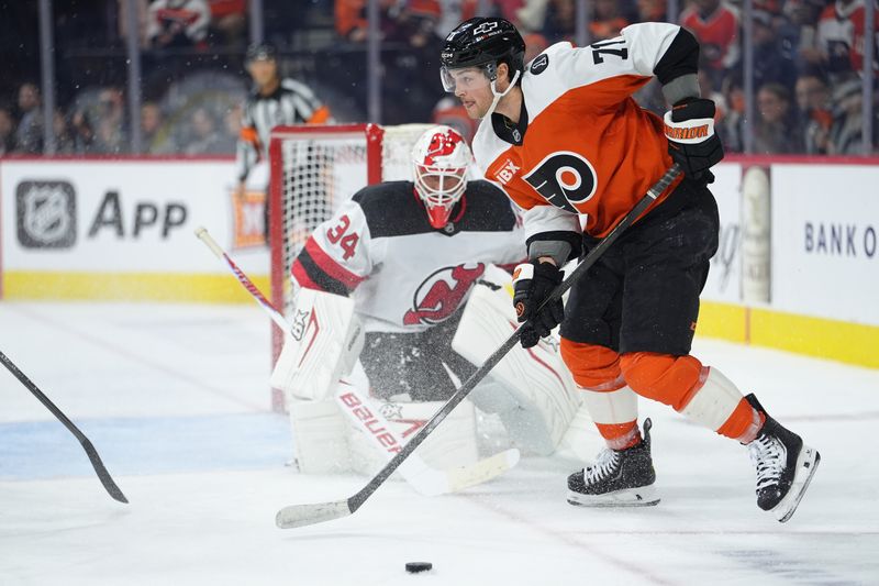Nov 22, 2025; Philadelphia, Pennsylvania, USA; Philadelphia Flyers right wing Tyson Foerster (71) controls the puck against the New Jersey Devils in the third period at Xfinity Mobile Arena. Mandatory Credit: Kyle Ross-Imagn Images