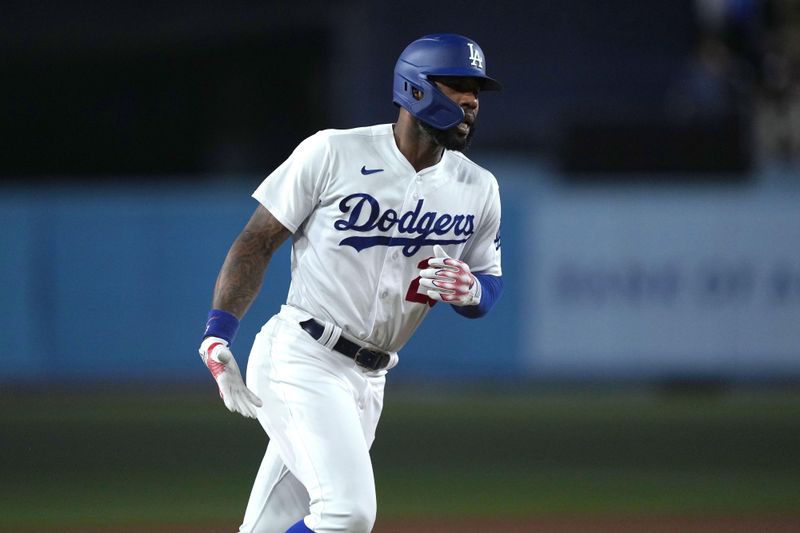 Aug 29, 2023; Los Angeles, California, USA; Los Angeles Dodgers right fielder Jason Heyward (23) rounds the bases after hitting a two-run home run in the third inning against the Arizona Diamondbacks at Dodger Stadium. Mandatory Credit: Kirby Lee-USA TODAY Sports