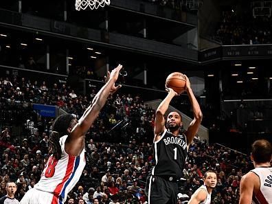 BROOKLYN, NY - DECEMBER 23: Mikal Bridges #1 of the Brooklyn Nets shoots the ball during the game against the Detroit Pistons on December 23, 2023 at Barclays Center in Brooklyn, New York. NOTE TO USER: User expressly acknowledges and agrees that, by downloading and or using this Photograph, user is consenting to the terms and conditions of the Getty Images License Agreement. Mandatory Copyright Notice: Copyright 2023 NBAE (Photo by David Dow/NBAE via Getty Images)