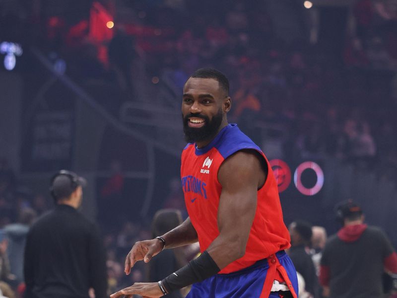 CLEVELAND, OH - JANUARY 27: Tim Hardaway Jr. #8 of the Detroit Pistons smiles before the game against the Cleveland Cavaliers on January 27, 2025 at Rocket Mortgage FieldHouse in Cleveland, Ohio. NOTE TO USER: User expressly acknowledges and agrees that, by downloading and/or using this Photograph, user is consenting to the terms and conditions of the Getty Images License Agreement. Mandatory Copyright Notice: Copyright 2025 NBAE (Photo by  Lauren Leigh Bacho/NBAE via Getty Images)