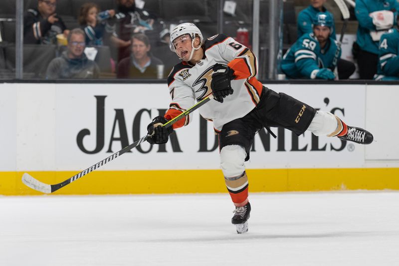 Sep 26, 2023; San Jose, California, USA; Anaheim Ducks defender Tristan Luneau (67) shoots the puck during the first period against the San Jose Sharks at SAP Center at San Jose. Mandatory Credit: Stan Szeto-USA TODAY Sports