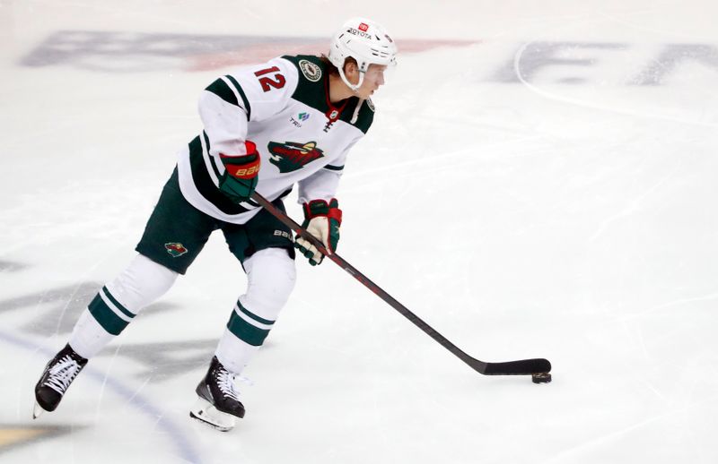 Apr 6, 2023; Pittsburgh, Pennsylvania, USA; Minnesota Wild left wing Matt Boldy (12) warms up before the game against the Pittsburgh Penguins at PPG Paints Arena. Mandatory Credit: Charles LeClaire-USA TODAY Sports