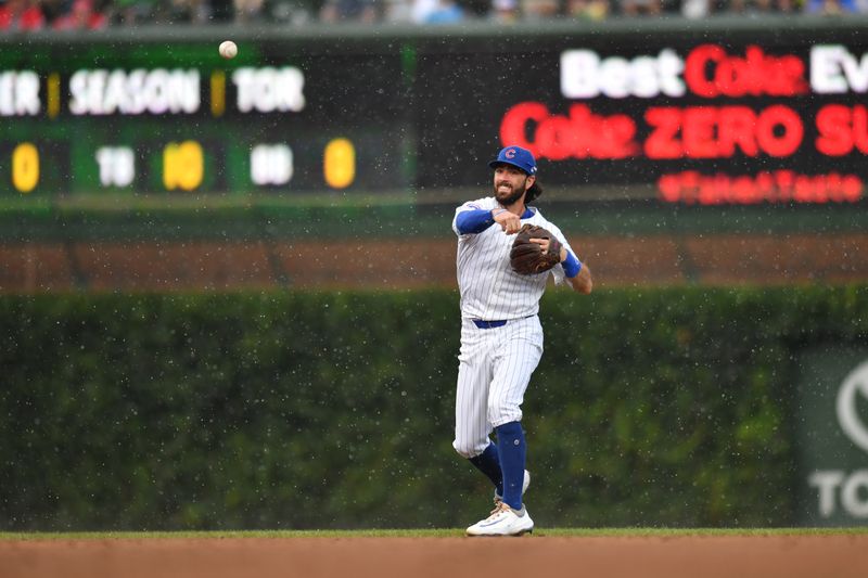 Aug 17, 2024; Chicago, Illinois, USA; Chicago Cubs shortstop Dansby Swanson (7) throws to first after grounding a ball during the second inning against the Toronto Blue Jays prior to the rain delay at Wrigley Field. Mandatory Credit: Patrick Gorski-USA TODAY Sports