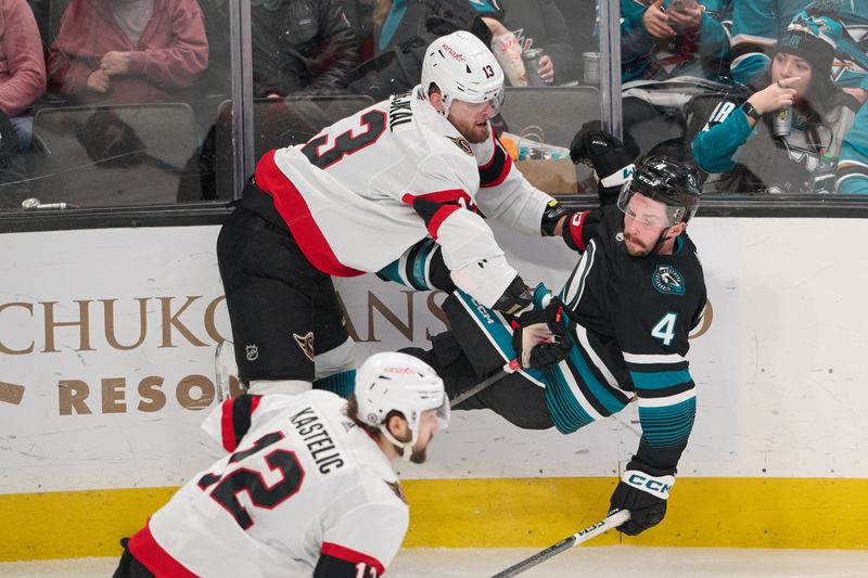 Mar 9, 2024; San Jose, California, USA; Ottawa Senators left wing Jiri Smejkal (13) checks San Jose Sharks defenseman Kyle Burroughs (4) to the ice during the third period at SAP Center at San Jose. Mandatory Credit: Robert Edwards-USA TODAY Sports