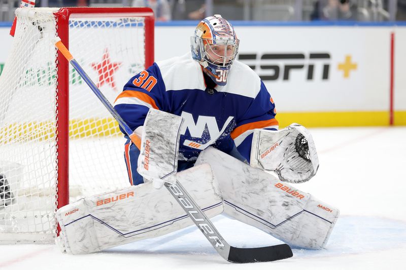 Dec 19, 2023; Elmont, New York, USA; New York Islanders goaltender Ilya Sorokin (30) tends net against the Edmonton Oilers during the first period at UBS Arena. Mandatory Credit: Brad Penner-USA TODAY Sports