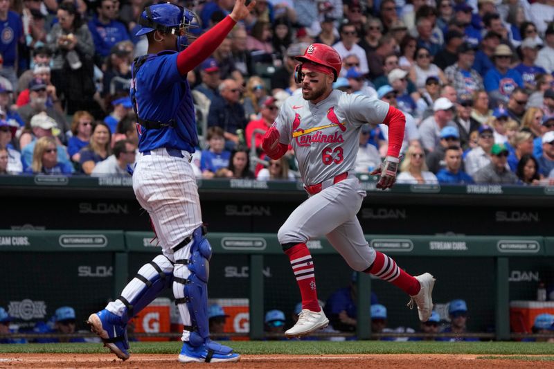 Mar 26, 2024; Mesa, Arizona, USA; St. Louis Cardinals center fielder Michael Siani (63) scores a run against the Chicago Cubs in the second inning at Sloan Park. Mandatory Credit: Rick Scuteri-USA TODAY Sports