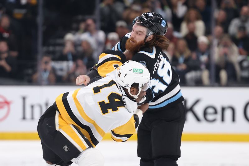 Jan 29, 2025; Salt Lake City, Utah, USA; Utah Hockey Club center Liam O'Brien (38) and Pittsburgh Penguins left wing Bokondji Imama (14) fight during the first period at Delta Center. Mandatory Credit: Rob Gray-Imagn Images