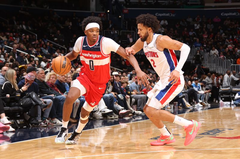 WASHINGTON, DC -? NOVEMBER 17:  Bilal Coulibaly #0 of the Washington Wizards dribbles the ball during the game against the Detroit Pistons on November 17, 2024 at Capital One Arena in Washington, DC. NOTE TO USER: User expressly acknowledges and agrees that, by downloading and or using this Photograph, user is consenting to the terms and conditions of the Getty Images License Agreement. Mandatory Copyright Notice: Copyright 2024 NBAE (Photo by Kenny Giarla/NBAE via Getty Images)