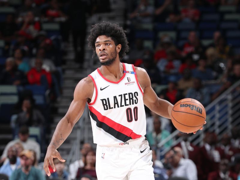 CHICAGO, IL - NOVEMBER 4: Scoot Henderson #00 of the Portland Trail Blazers looks to pass the ball during the game against the New Orleans Pelicans on November 4, 2024 at Smoothie King Center in New Orleans, Louisiana. NOTE TO USER: User expressly acknowledges and agrees that, by downloading and or using this photograph, User is consenting to the terms and conditions of the Getty Images License Agreement. Mandatory Copyright Notice: Copyright 2024 NBAE (Photo by Jeff Haynes/NBAE via Getty Images)