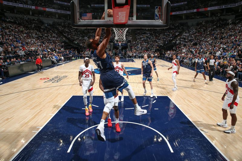 MINNEAPOLIS, MN -  OCTOBER 26: Rudy Gobert #27 of the Minnesota Timberwolves dunks the ball during the game against the Toronto Raptors on October 26, 2024 at Target Center in Minneapolis, Minnesota. NOTE TO USER: User expressly acknowledges and agrees that, by downloading and or using this Photograph, user is consenting to the terms and conditions of the Getty Images License Agreement. Mandatory Copyright Notice: Copyright 2024 NBAE (Photo by David Sherman/NBAE via Getty Images)